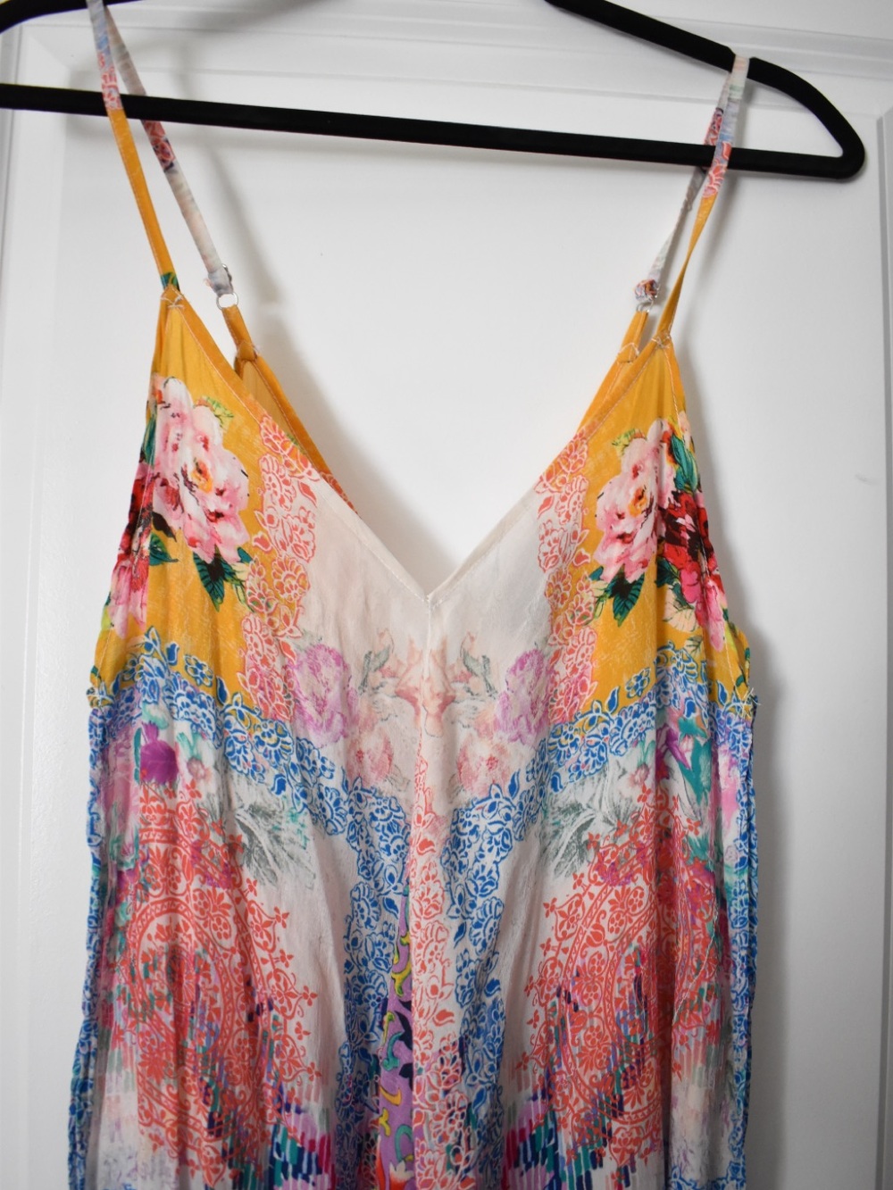 Tropical Feathers by Tolani Handkerchief Hem Maxi Dress Size Large 100% Cupro - Picture 5 of 9